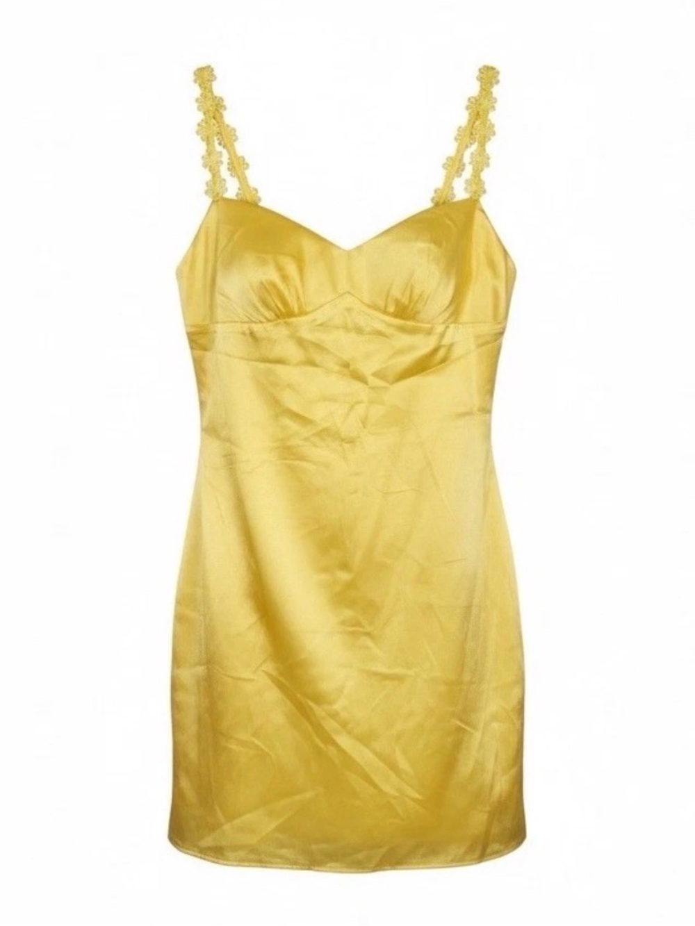 Faeriesty Yellow Satin Mini Dress w/ 3D Printed Flower Straps Size 4 NWT